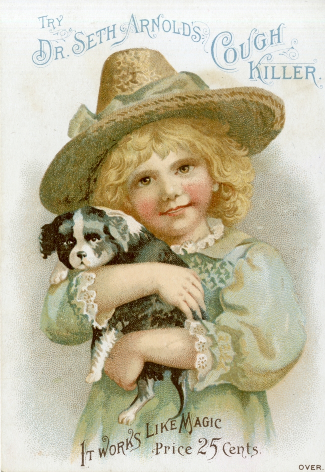 Late 19th century advertisement for Dr. Seth Arnold's Cough Killer, featuring a little girl holding a dog.