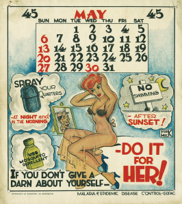 Upper half of illustration consists of a calendar and lower half consists of a woman looking at a picture frame of a solider.